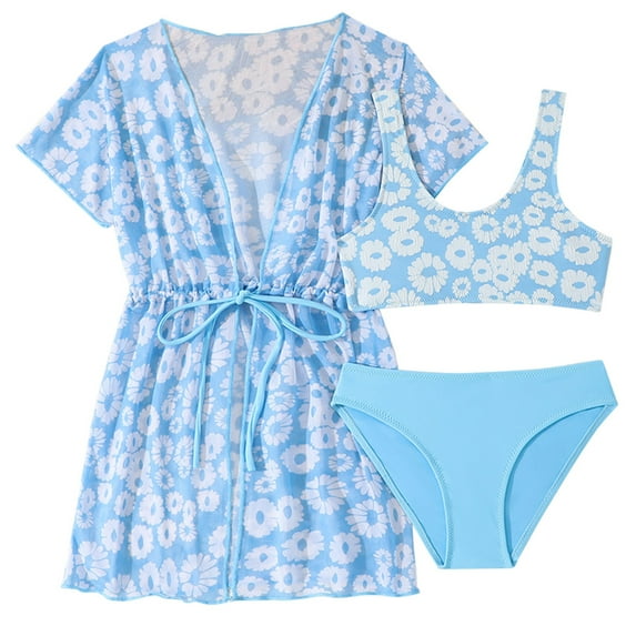 Otqutp Toddler Girls Sunflower Swimming 3 Piece Rash Guard Swim Cover Up Short Sleeve Cardigan Tween Kids High Waist Modest Tankini Matching Bikini Beach Swimwear