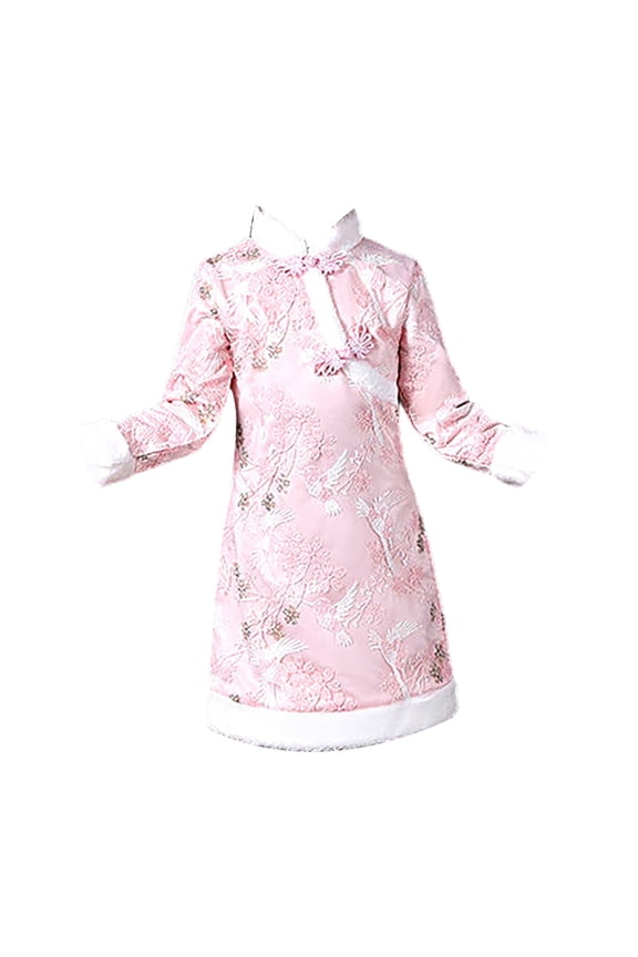 Toddler Girls Traditional Chinese Cheongsam 𝗧ang Suit Plush Trim Flower Embroidery New Year Dress Coat Retro Qipao