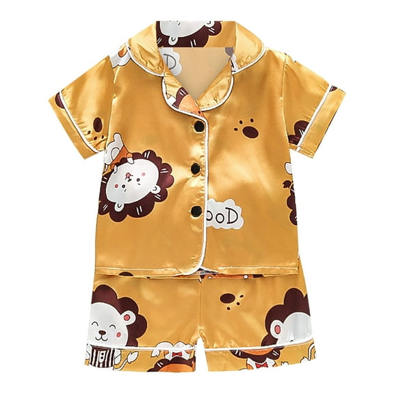 Otqutp Toddler Kids Baby Boys Girls Satin Cartoon Button Down Short Sleeve Button-Up Sleep Shirt Shorts Silk Pajamas Sleepwear Outfits Loungewear Set