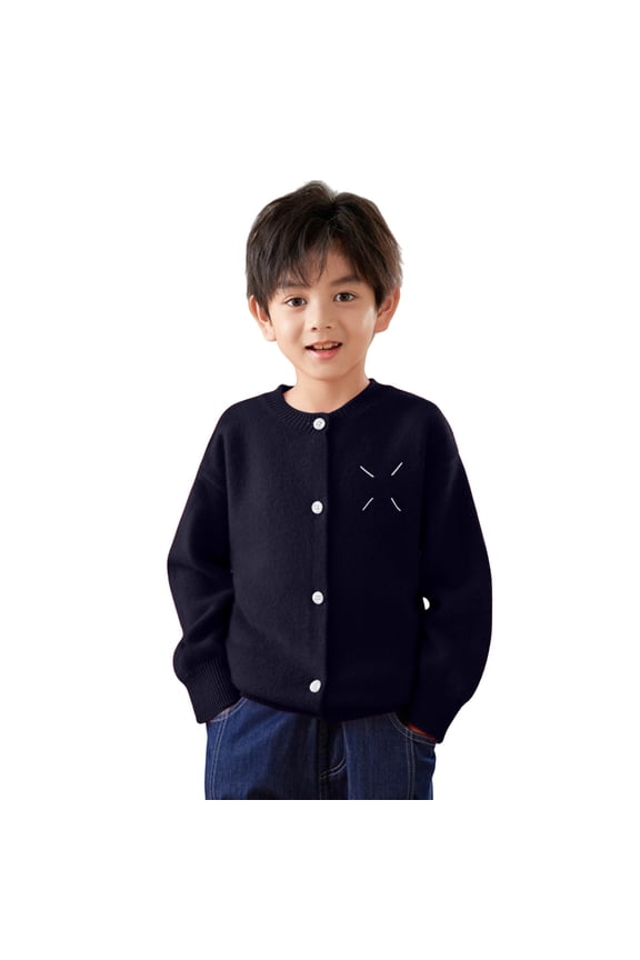 Toddler Kids Boys Woolen Sweaters Crew Neck Cross Embroidery Button Basic Knit Cardigan Breathable Casual Jacket