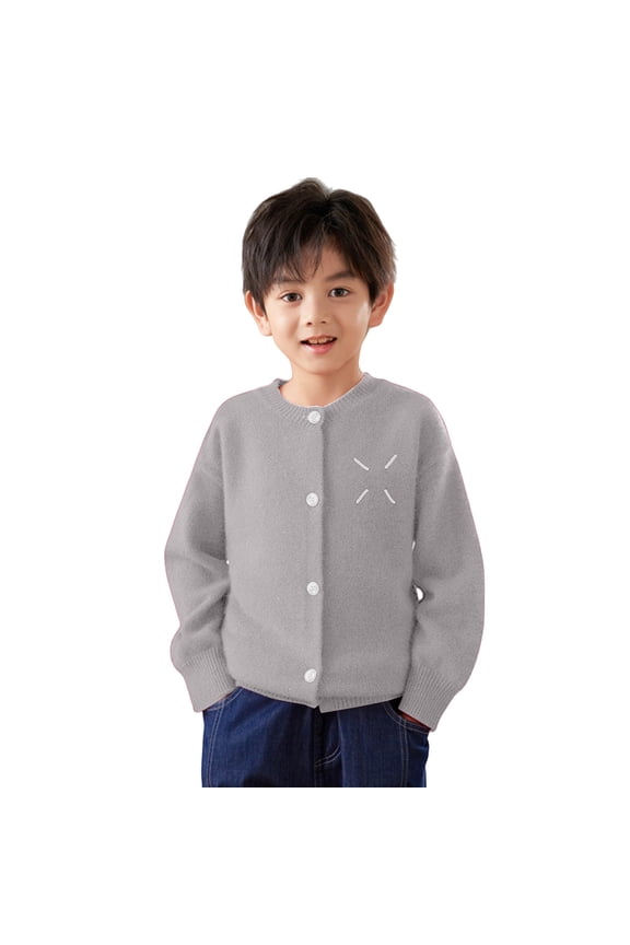 Toddler Kids Boys Woolen Sweaters Crew Neck Cross Embroidery Button Basic Knit Cardigan Breathable Casual Jacket