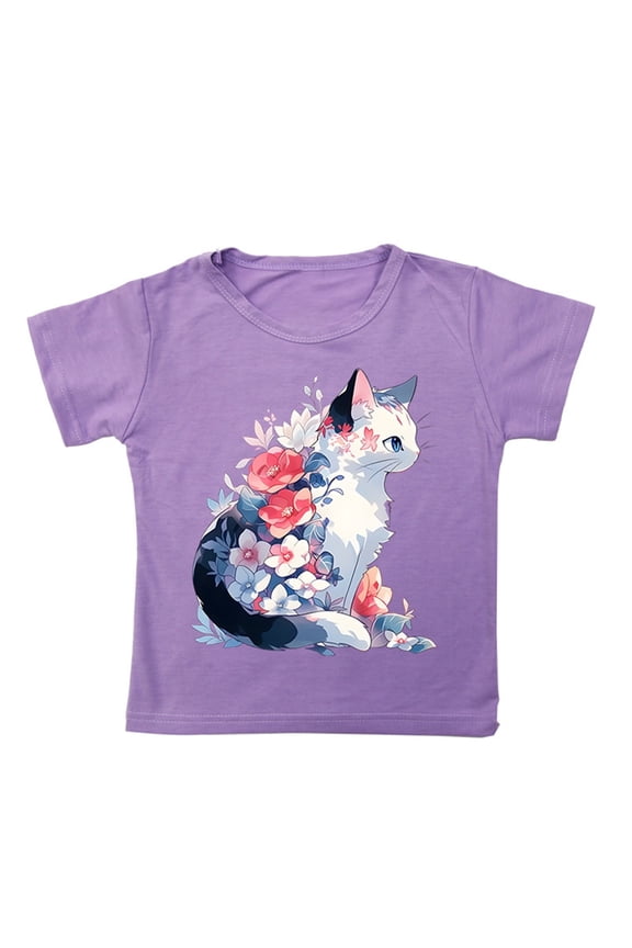 Toddler Patchwork Blouse Girls Summer Loose Casual Trendy Cute Cat Printed Short Sleeve T Shirt Top Clothes for Party School Birthday