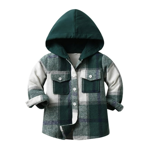 Otqutp Toddler Plaid Flannel Hooded Shirts Boys Girls Long Sleeve Button Jacket with Pocket Fall Winter Vintage Trendy Coat