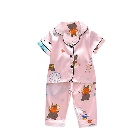 Otqutp Toddler Sleepwear Kids Baby Boys Girls Cartoon Animal Short Sleeve Button Up Tops+Pants Pajamas Outfits for Summer Spring
