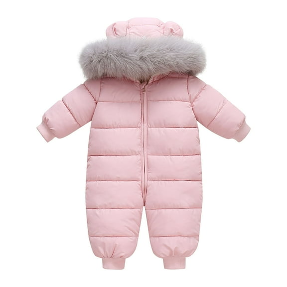 Otqutp Toddler Down Snowsuit 1 Piece Down Jacket with Detachable Collar Solid Color Thick Hooded Down Jacket Fashion Winter Outerwear(Pink,6-12 Months)