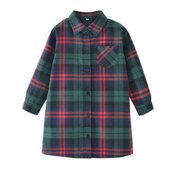 Otqutp Toddler Soft Tops Girls Toddler Plaid Pleated Mini Dress Button Down Plaid Long Flannel Shirts Long Sleeve Casual Dress with Pockets