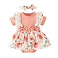 thumbnail image 1 of Otqutp Toddler Summer Playsuit Girls Short Sleeve Floral Print Romper Ribbed Bodysuits Dress with Headbands Set 0 to 18 Months, 1 of 6