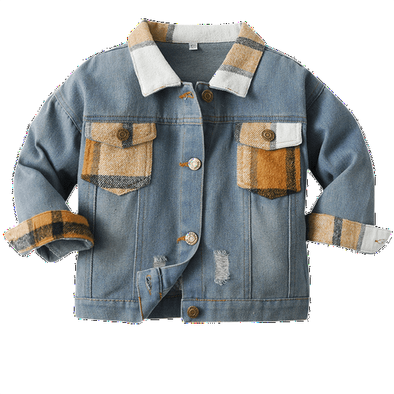 Otqutp Toddler Warm Winter Coat Boys Spring Fall Unisex Patchwork Plaid Lapel Denim Long Sleeve Top Cardigan Jacket Kids Lightweight Coat(Brown,12-18 Months)