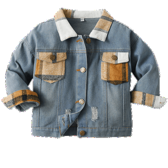 Otqutp Toddler Warm Winter Coat Boys Spring Fall Unisex Patchwork Plaid Lapel Denim Long Sleeve Top Cardigan Jacket Kids Lightweight Coat(Brown,12-18 Months)