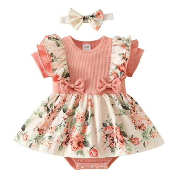Otqutp Toddler Wedding Outfits Little Girls Short Sleeve Floral Prints Romper Summer Bodysuits Clothes Headbands 0 to 18 Months