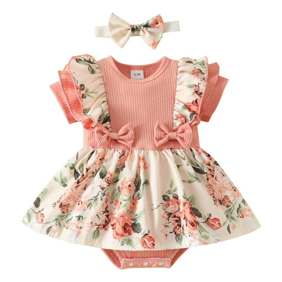 Otqutp Toddler Wedding Outfits Little Girls Short Sleeve Floral Prints Romper Summer Bodysuits Clothes Headbands 0 to 18 Months