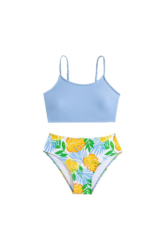 Tween Girls Floral Print Tankini Two Piece Swimming Quick-Dry Kids High Waist Bikini Rash Guard Adjustable Straps Plain Beach Swimwear