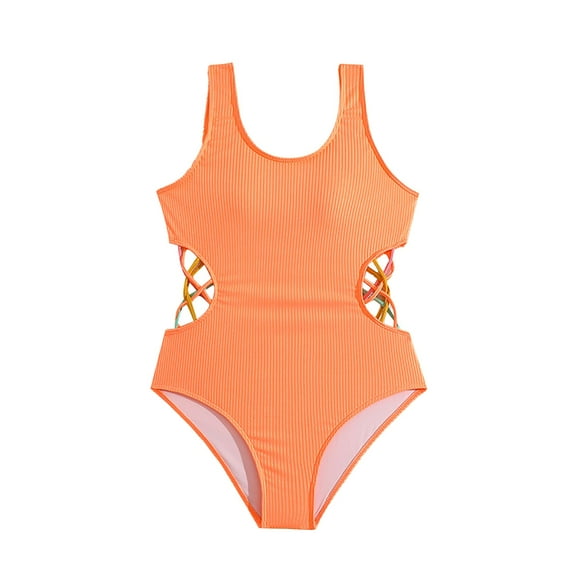 Otqutp Tween Girls Swimming One Piece Hollowed Out Waist Kids Plain Swimsuit Spaghetti Straps Bathing Suit Swimwear Beach Trendy Cotton Stripe