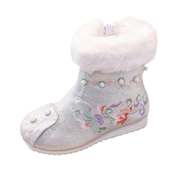 Otqutp Unisex Baby House Boots Girls Shoes Warm Cotton Boots Embroidered Boots National Style Boots Princess Cotton Boots 3-13 Years(White,3-3.5 Years)