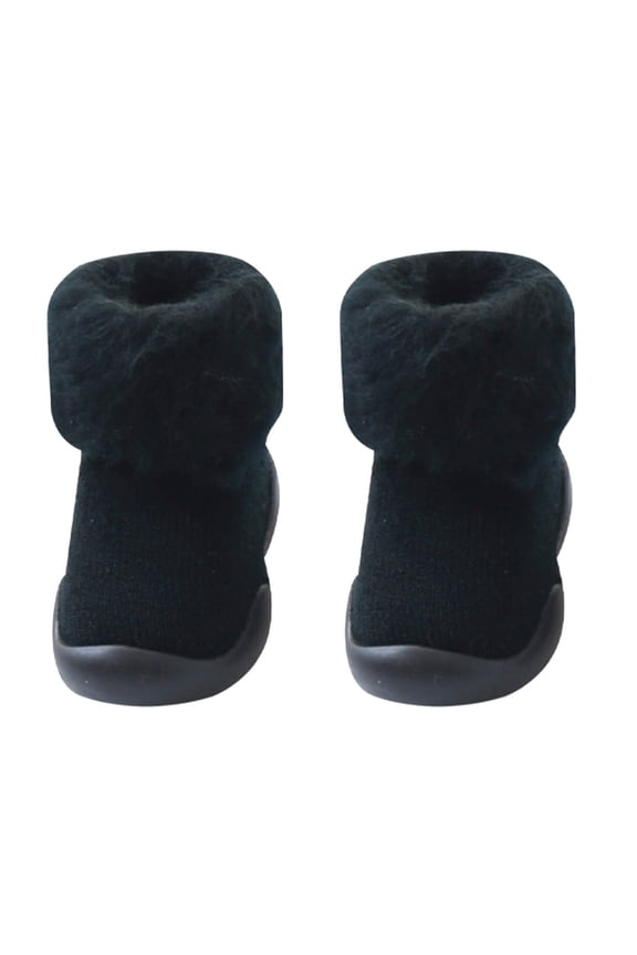 Unisex Kids Round Toe Slippers Socks Slipper Baby Girls Solid Knit Stocking Soft Warm Shoes Toddler Boys Sole Rubber Baby Shoes Anti-slip House Slippers (Black,9-12 Months)