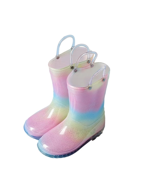Warm Boots for Toddler Kids Fashion Glitter Light Up Rain Boots for Girls Rainbow Rain Shoes Lightweight Boots with Easy On Handles(A,6-7 Years)