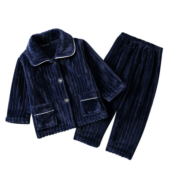 Otqutp Warm Sleepwear Autumn Winter Solid Color Flannel Sleepwear Set Home Clothes for Boys Girls Thick and Warm Children's Sleepwear with Pocket(a-Navy,7-8 Years)