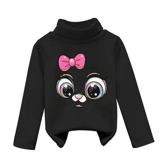 Otqutp Warm Turtle Neck Tops for Girl's Fall and Winter Cat Print Thickened De Velvet Half Turtleneck Bottoming Shirt Long Sleeve Shirts(BK1,18-24 Months)