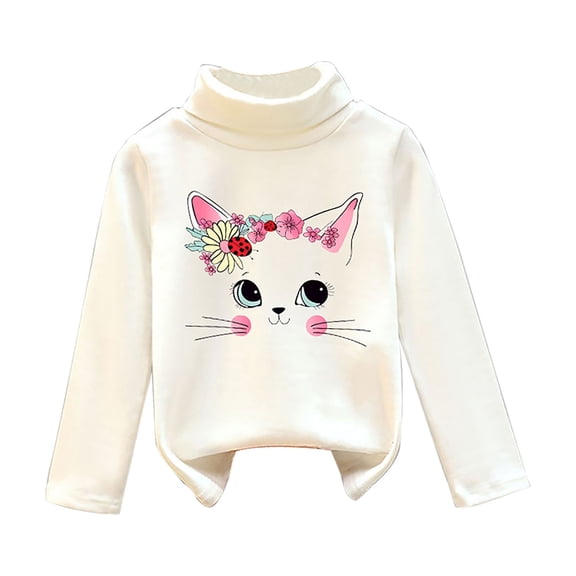 Otqutp Warm Turtle Neck Tops for Girl's Fall and Winter Cat Print Thickened De Velvet Half Turtleneck Bottoming Shirt Long Sleeve Shirts(WH3,5-6 Years)