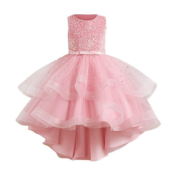 Otqutp Wedding Dress for Flower Girls Girls Sequins Puffy Yarn Trailing Dress Princess Dress Gowns Dresses Piano Performance Dresses 3-11 Years(Pink,4-5 Years)
