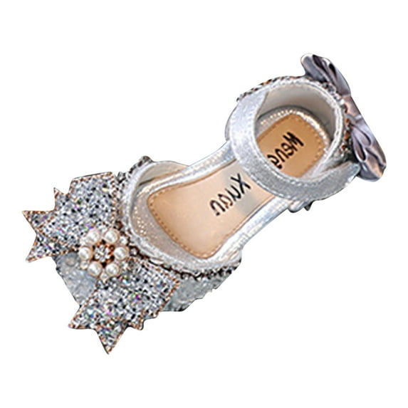 Otqutp Wedding Flower Girls Shoes Fashion Spring and Summer Girls Dress Shoes Dance Performance Shoes Pearl Rhinestone Sequin Ribbon Bow Shoes