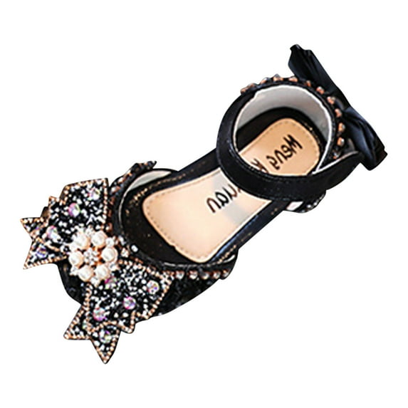 Otqutp Wedding Flower Girls Shoes Fashion Spring and Summer Girls Dress Shoes Dance Performance Shoes Pearl Rhinestone Sequin Ribbon Bow Shoes