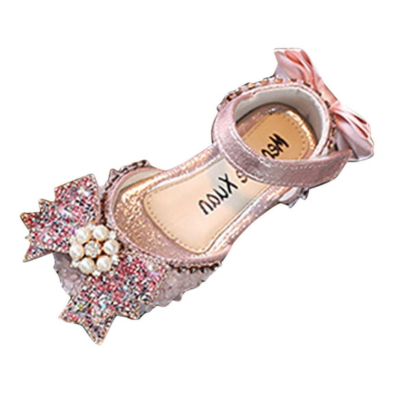 Otqutp Wedding Flower Girls Shoes Fashion Spring and Summer Girls Dress Shoes Dance Performance Shoes Pearl Rhinestone Sequin Ribbon Bow Shoes