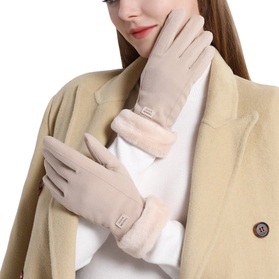 Otqutp Windproof Teen Girls Warm Mittens Womens Winter Suede Gloves with Touchscreen Texting Finger Wool Lined Windproof Warm Fashion Dress Gloves(Khaki,One Size)
