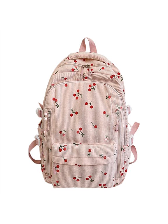 Women Large Corduroy Bookbag Cute Cherry Print Laptop Bag Lightweight Work Travel Backpack