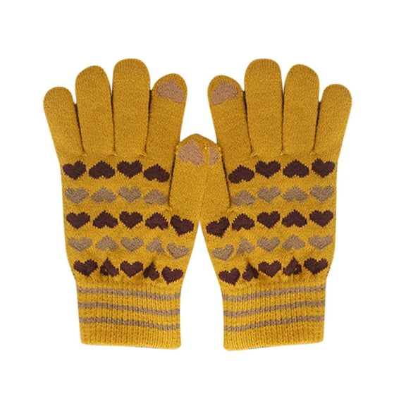 Otqutp Women's Cold Weather Mittens Gloves Warm Stretch Knitted Gloves Mittens Winter Keep Warm Knitting Heart Printing Golves Students Outdoor Riding Hiking Mittens(Yellow,One Size)