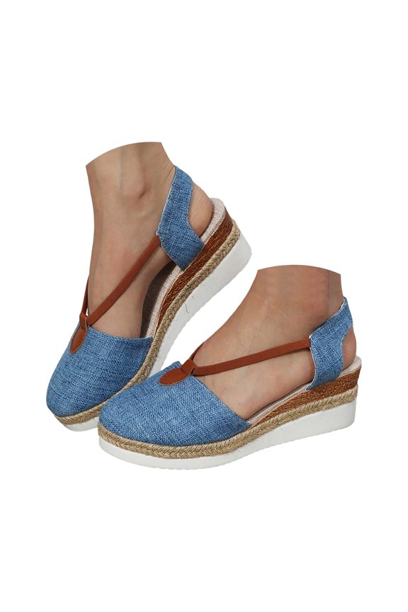 Womens Closed Toe Sandals Adjustable Ankle Strap Linen Shoes Back Empty Leisure Rope Bottom Slope Heel Roman Sandals
