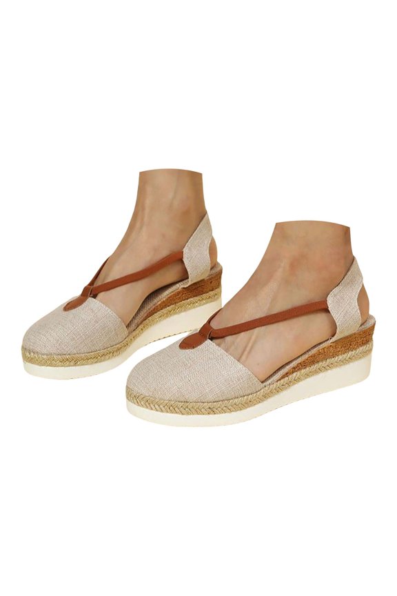 Womens Closed Toe Sandals Adjustable Ankle Strap Linen Shoes Back Empty Leisure Rope Bottom Slope Heel Roman Sandals