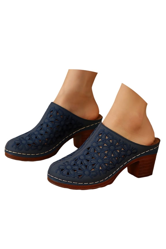 Womens Summer Sandals Cutout Block Heel Slip-On Clogs Casual Fashion Flower Embroidery Closed Toe Holiday Slippers