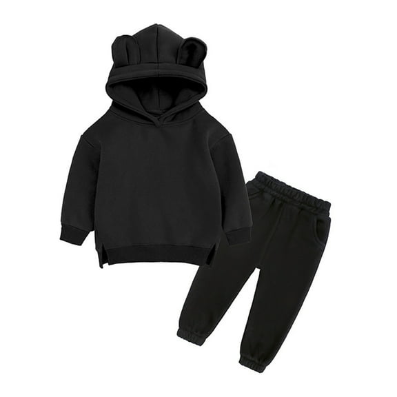 Otqutp Workout Clothes for Baby Kids Outfit Soft Cotton Warm Crewneck Long Sleeve Hooded Solid Color Sweatshirt Set Clothes Set for Boys Girls(Black,18-24 Months)