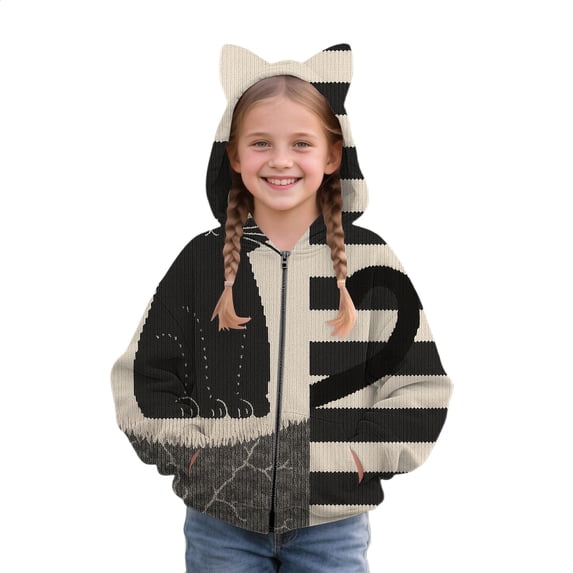 Otqutp Zip Up Hoodie for Girls Skeleton Print Cat Ear Long Sleeve Jacket Kids Halloween Sweatshirt Fall Windproof Coats