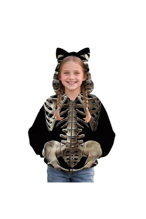 Zip Up Hoodie for Girls Skeleton Print Cat Ear Long Sleeve Jacket Kids Halloween Sweatshirt Fall Windproof Coats