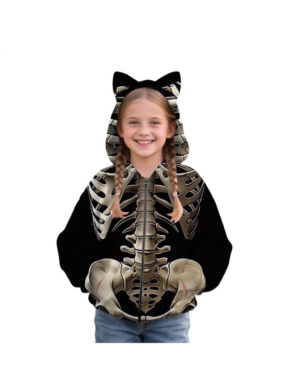 Zip Up Hoodie for Girls Skeleton Print Cat Ear Long Sleeve Jacket Kids Halloween Sweatshirt Fall Windproof Coats