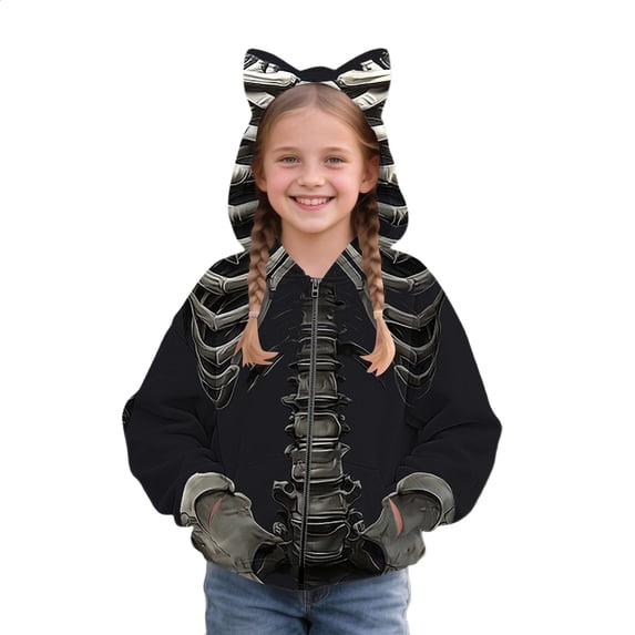 Otqutp Zip Up Hoodie for Girls Skeleton Print Cat Ear Long Sleeve Jacket Kids Halloween Sweatshirt Fall Windproof Coats