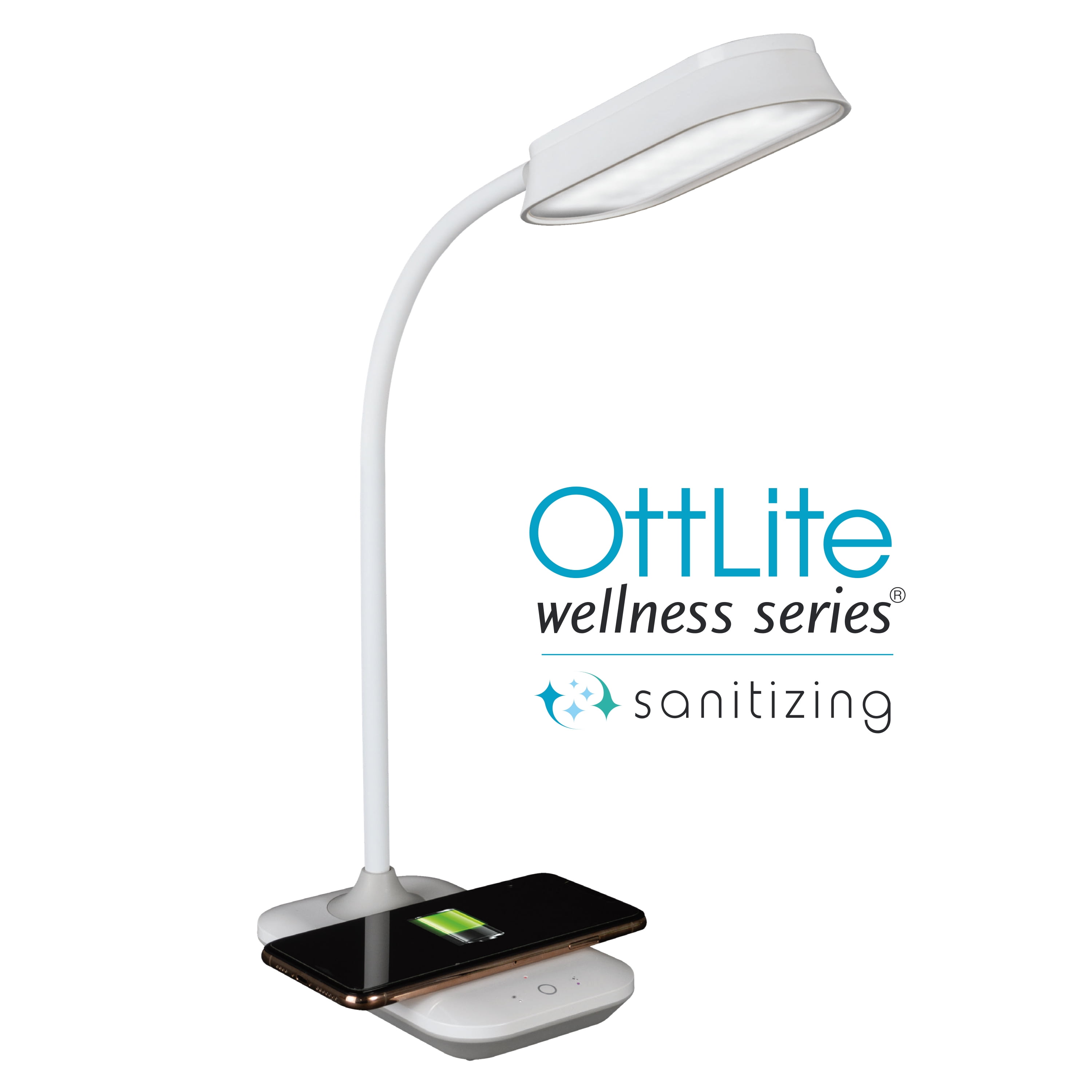 OttLite Achieve LED Sanitizing Desk Lamp with Wireless Charging, White,  Modern Light for Reading, Crafting & Office Desktop