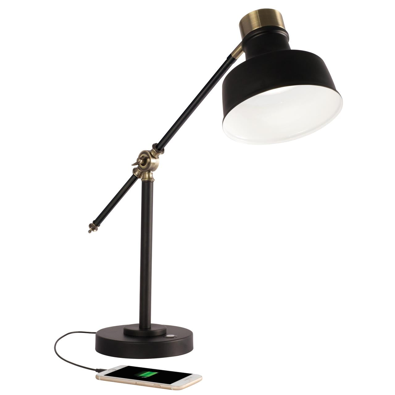 Adjustable Black and Antique Brass LED Desk Lamp with USB Port