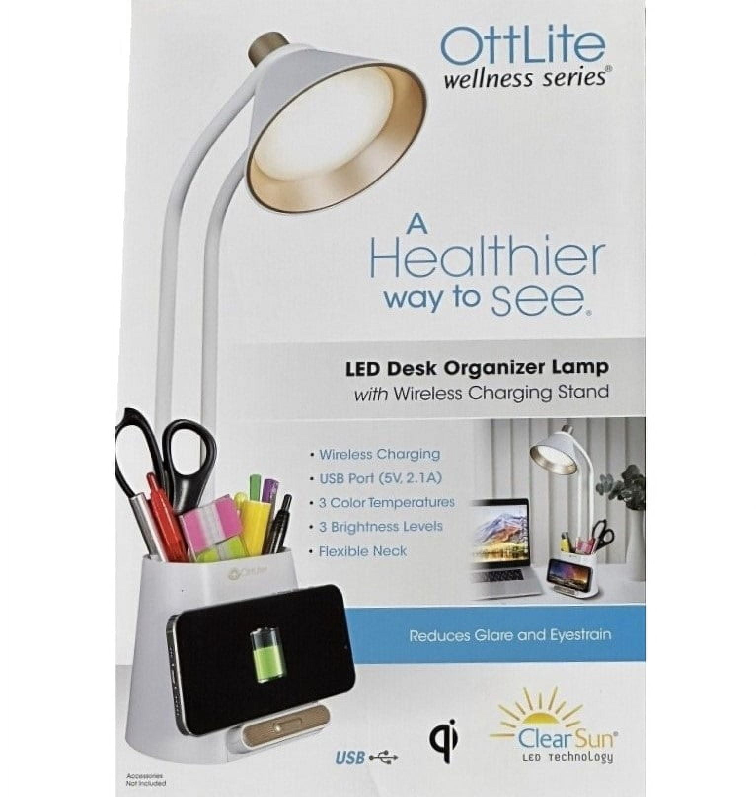 OttLite LED Desk Organizer Lamp with Wireless Charging Stand, White