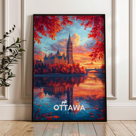 Ottawa Canada Travel Print, Vintage Autumn Skyline Art, Unframed Paper Poster 8x10in