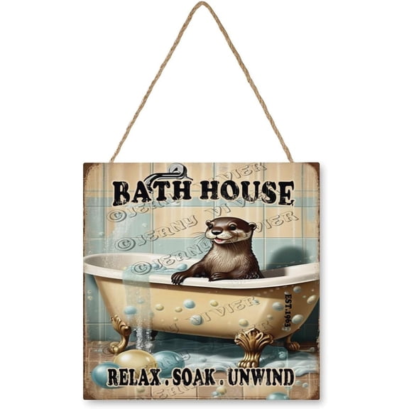 Otter Bathroom Rules Relax Soak Unwind Decor Wooden Hanging Sign, Otter Decor, 12x12 inches Square Hanging Wooden Plaque Rustic Farmhouse Balcony Patio Decoration Accessories