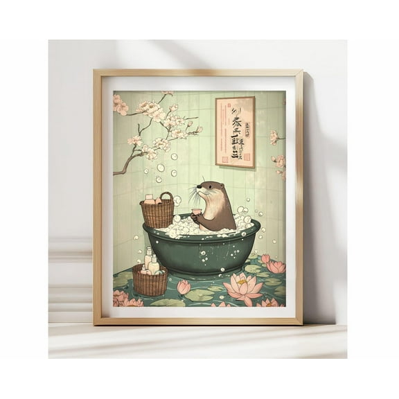 Otter In Bathtub Poster Zen Wall Art Japanese Animal Print Japandi Bathroom Decor Funny Minimalist Art, Quirky Gift For Otter Lovers Wall Art, Modern Wall Decor, 12x18 UNFRAMED