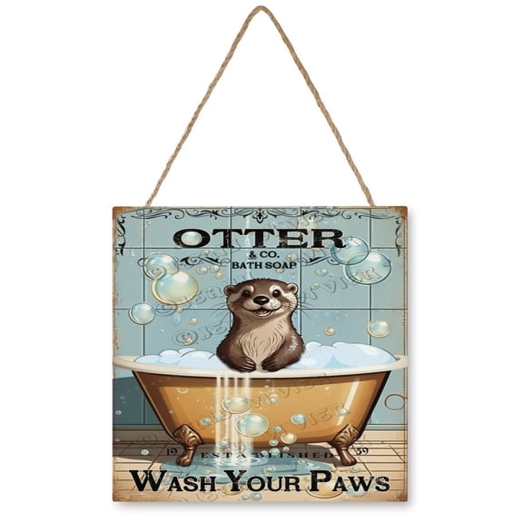 Otter in Bathtub Wooden Hanging Sign Otter Decor Otter Gifts Rustic Farmhouse Wood Sign Home Office Decoration Printed Wood Wall Art Sign Indoor Decor 12"x12"