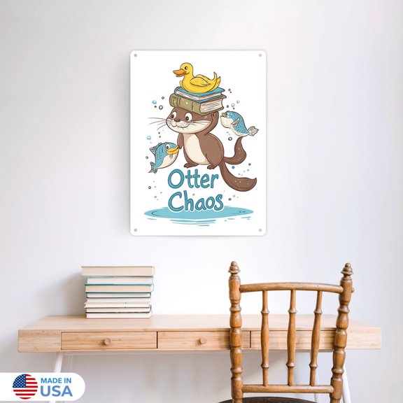 Otter Chaos Vertical Tin Sign Wall Decor by Dancing Littles Jungle - Size 12x16 inch