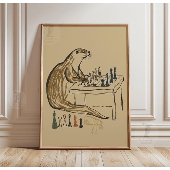 Otter Chess Illustration Minimal Line Style Neutral Art Poster Decor, Unframed Poster