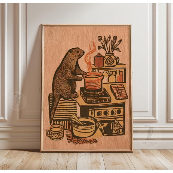 Otter Cooking Scene Rustic Kitchen Stove Folk Style Animal Wall Art, Unframed Poster