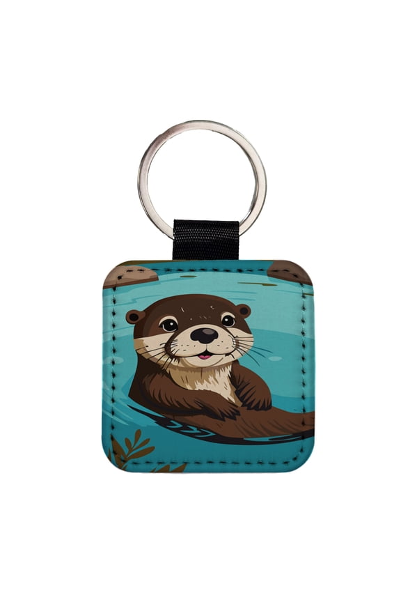 Otter Cute Swimming in Water Faux Leather Square Keychain