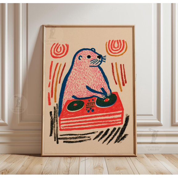 Otter DJ Turntable Scene Red Blue Graphic Folk Style Poster 1